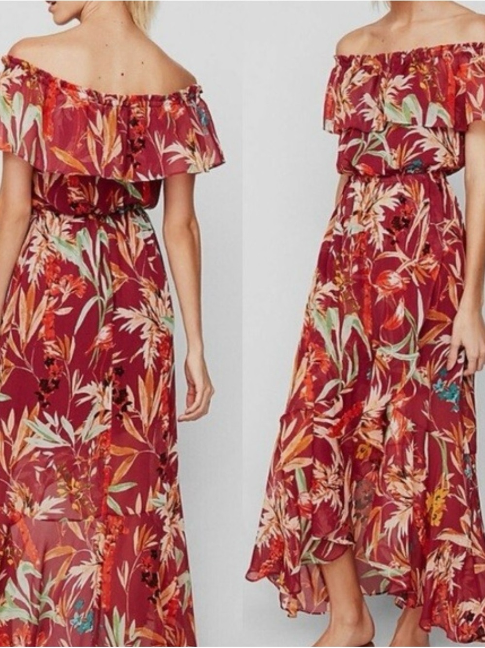 Express Red Floral Romantic Off-Shoulder Maxi Dress - Picture 3 of 14